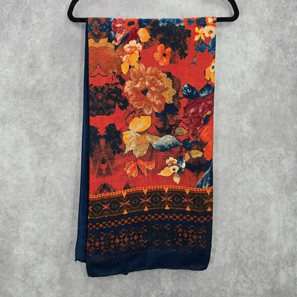 H&M Blue Orange Floral Square XL Wrap Hijab Dupatta Shawl Scarves Scarf - Picture 5 of 8